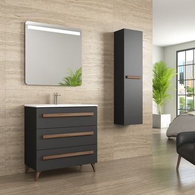 Meuble de salle de bains 3 tiroirs L79 x H84 x P45 cm mélaminé anthracite noyer Nilsa