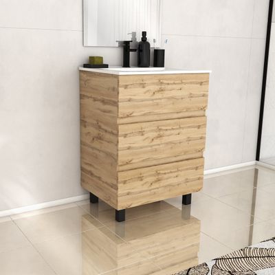 Meuble de salle de bains Timber 3 tiroirs L60 x H83 x P46 cm MDF chêne naturel + vasque céramique blanche - AURLANE