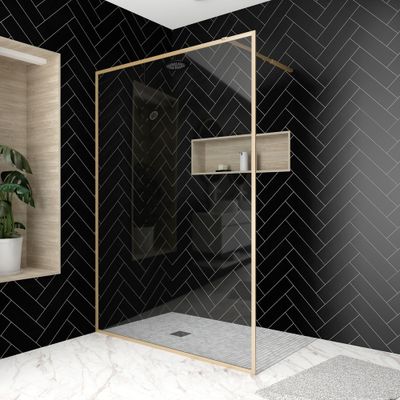 Paroi de douche latérale fixe 140x200 cm profilé or verre transparent 6 mm Golden Edge - AURLANE