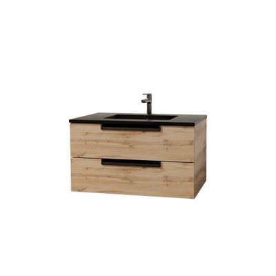 Meuble de salle de bains Loft 2 tiroirs L60 x H50 x P45 cm MDF chêne naturel + vasque céramique noire - AURLANE