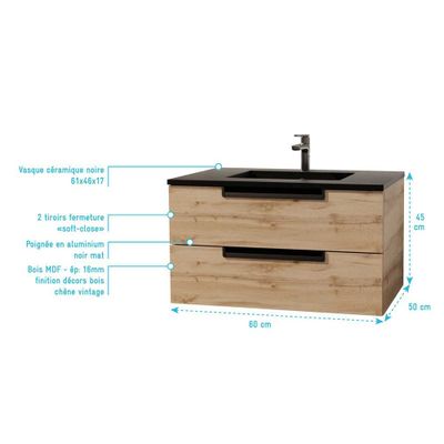 Meuble de salle de bains à suspendre 2T Loft chêne naturel vasque céramique noire L 60 cm AURLANE