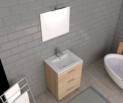 Meuble de salle de bains sur pieds bois L 60 cm 3 tiroirs avec vasque et miroir Volta