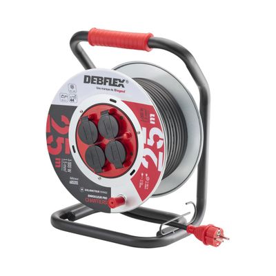 Enrouleur électrique métal 25m IP44 4 prises noir/rouge - DEBFLEX