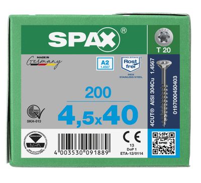 Vis inox tête fraisée T-star 4,5 x 40 mm par 200 SPAX