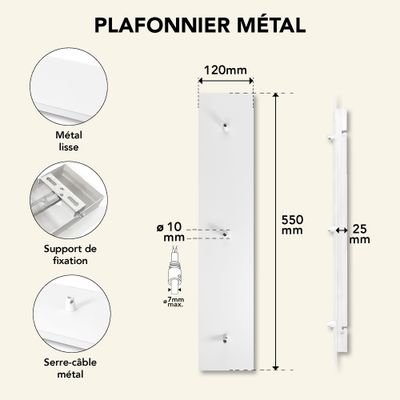 Plafonnier métal 12x55 cm blanc 3 sorties - TIBELEC