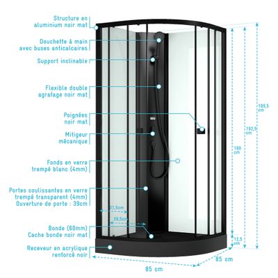 Cabine de douche 1/4 de rond profilé noir mat et receveur noir 85x85x200 cm Essentiel AURLANE