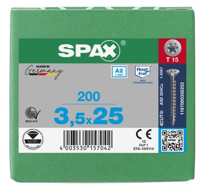 Vis inox tête fraisée T-star 3,5 x 25 mm par 200 SPAX