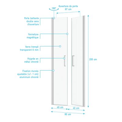 Porte de douche battante 80x200 cm profilé chrome verre transparent 6 mm Saloon - AURLANE