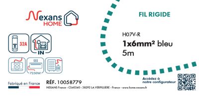 Fil électrique H07V-R 6 mm² semi-rigide bleu 5 m - NEXANS