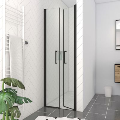 Porte de douche battante 70x200 cm profilé noir verre transparent 6 mm Saloon - AURLANE