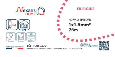 Fils électriques H07V-U 1,5 mm² rigides bleu, rouge et vert/jaune 25 m par 3 - Speedfil NEXANS