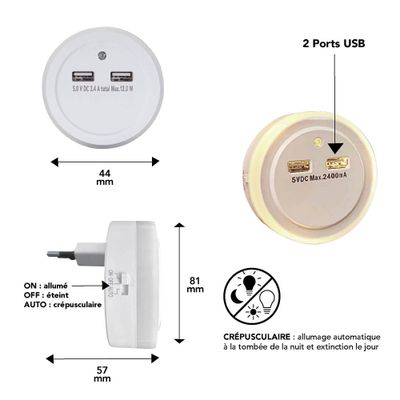Veilleuse LED crépusculaire avec 2 port USB ARVIA -TIBELEC