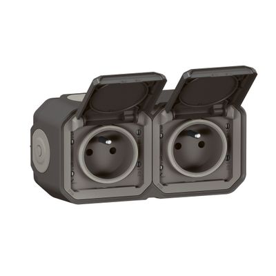 Double prise électrique étanche IP55 en saillie horizontale 2 pôles + terre Anthracite - Plexo LEGRAND