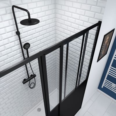 Porte de douche coulissante 140x200 cm profilé noir verre transparent 5 mm Fabrik - AURLANE