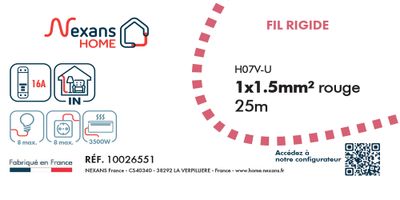 Fil électrique H07V-U 1,5 mm² rigide rouge 25 m - NEXANS