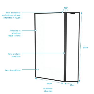 Paroi de douche à l'italienne avec déflecteur 100+40x200 cm profilé noir verre transparent 5 mm Dark Edge - AURLANE