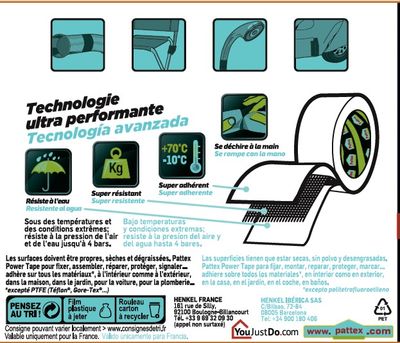 Ruban adhésif de réparation extra-fort Power tape gris  25 m + 25 m gratuit - PATTEX