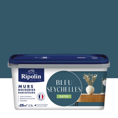 Peinture murs, boiseries et radiateurs bleu seychelles satin 2,5 L - RIPOLIN