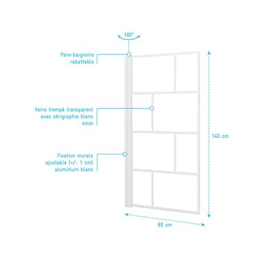 Pare-baignoire rabattable avec profilés blanc 80x140 cm Bricks White AURLANE
