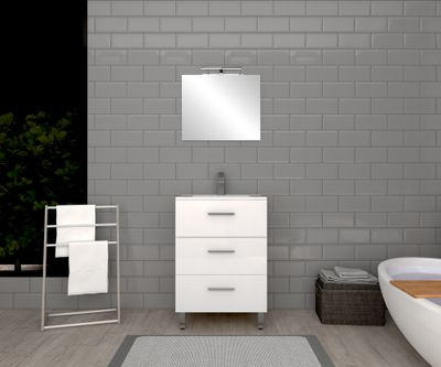 Meuble de salle de bains sur pieds blanc L 60 cm 3 tiroirs avec vasque et miroir Volta