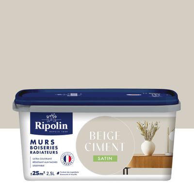 Peinture murs, boiseries et radiateurs beige ciment satin 2,5 L - RIPOLIN