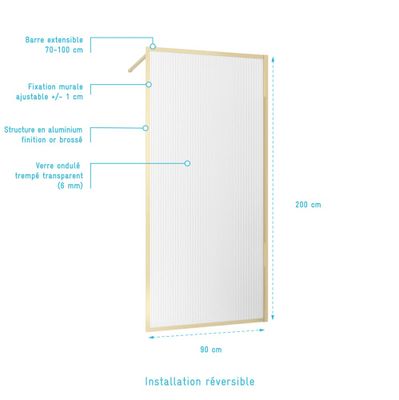 Paroi de douche à l'italienne 90x200 cm profilé or verre transparent 6 mm Golden Edge - AURLANE