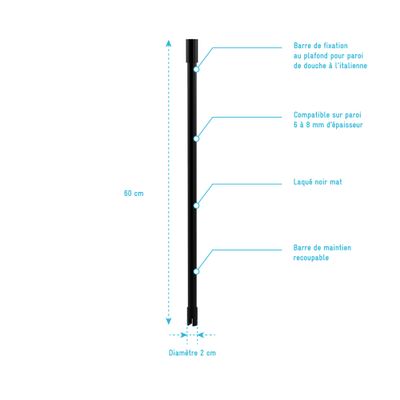 Barre de fixation plafond noire 60 cm redécoupable paroi de douche AURLANE