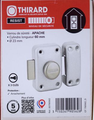 Verrou de porte Apache à bouton et cylindre 60 mm 3 clés blanc THIRARD