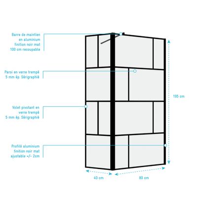 Paroi de douche à l'italienne 80+40x195 cm profilé noir verre transparent 5 mm Bricks - AURLANE