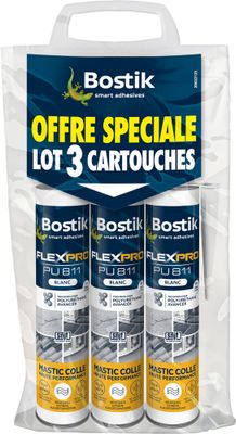 Mastic colle de fixation FLEXPRO PU811 blanc cartouche 300 ml par 3 - BOSTIK