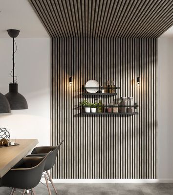 Panneau acoustique mural Decowall Acoustic finition chêne grisé sur fond noir - 17 x 300 x 2600 mm - AJ TIMBER