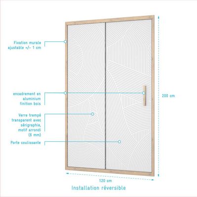 Porte de douche coulissante 120x200 cm profilé bois verre sérigraphié 6 mm Japandi - AURLANE