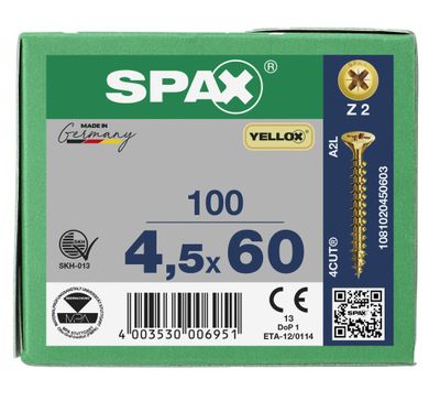 Vis tête fraisée PZ 4,5 x 60 mm par 200 SPAX