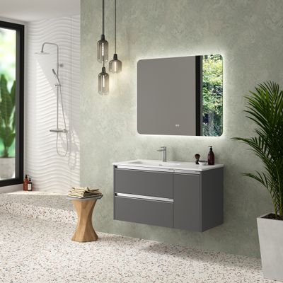 Caisson de salle de bains Thana 2 tiroirs 1 porte L100 x H55 x P45 cm panneau de particules anthracite mat
