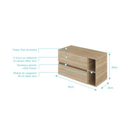 Meuble de salle de bains Timber 2 tiroirs + niche 80 x 56 x 46 cm MDF chêne naturel - AURLANE