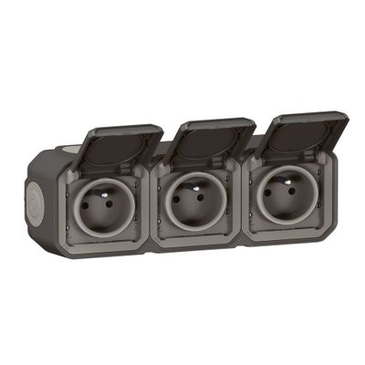 Triple prise électrique étanche IP55 en saillie horizontale 2 pôles + terre Anthracite - Plexo LEGRAND