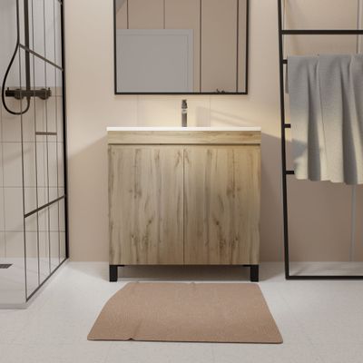 OP Meuble de salle de bains Timber 2 portes 80 x 83 x 46 cm MDF chêne naturel + vasque céramique blanche- AURLANE