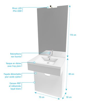 Meuble ensemble salle de bains PMR 70 x 89 x 50 cm MDF blanc