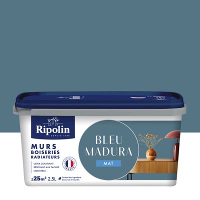 Peinture murs, boiseries et radiateurs bleu madura mat 2,5 L - RIPOLIN