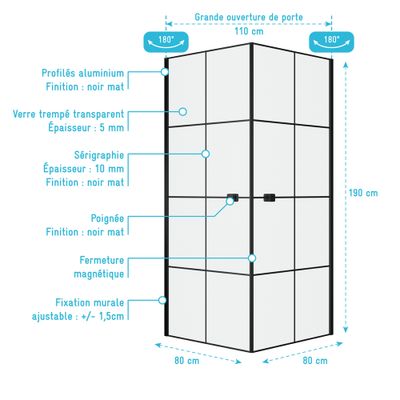 Accès d'angle pivotant 80x80x190 cm profilé noir verre transparent 5 mm Clean Line - AURLANE