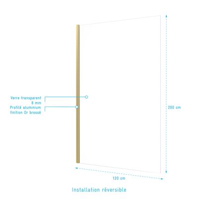Paroi de douche à l'italienne 120x200 cm profilé or verre transparent 8 mm Parma - AURLANE