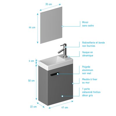 Lave-mains de salle de bains Sweet 41 x 50 x 22 cm MDF gris + miroir 35 x 44 cm