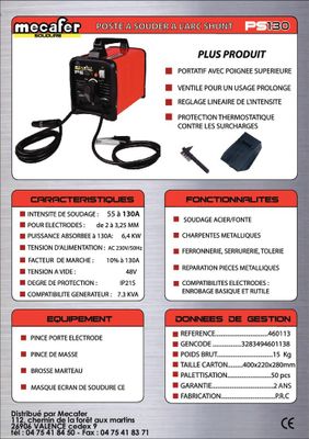 Poste à souder ARC SHUNT PS130 MECAFER