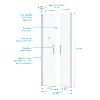 Porte de douche battante 90x200 cm profilé chrome verre transparent 6 mm Saloon - AURLANE