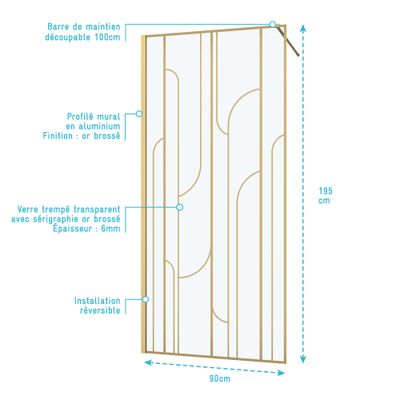 Paroi de douche à l'italienne 90x195 cm profilé or verre sérigraphié 6 mm Art Deco - AURLANE