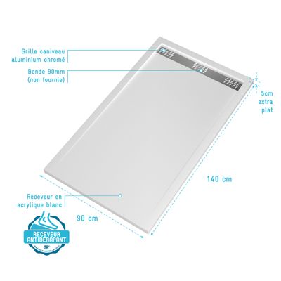 Receveur de douche 90x140 cm acrylique blanc Pure 2 - AURLANE