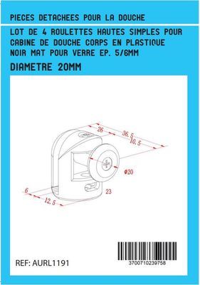 Roulettes simple corps noires pour portes de douche diamètre 20mm - AURLANE