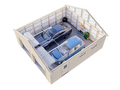Garage double en bois André avec portes sectionnelles motorisables - 55,5 m² hors-tout - PALMAKO