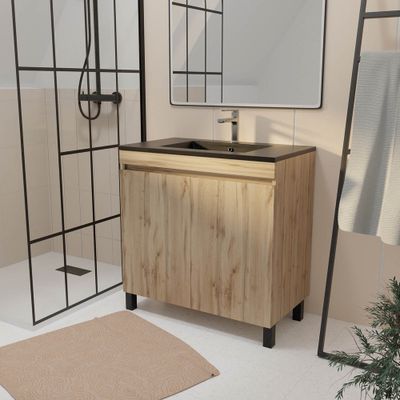 Meuble de salle de bains Timber 2 portes L80 x H83 x P46 cm MDF chêne naturel + vasque céramique noire - AURLANE