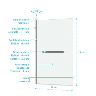 Pare-baignoire rabattable avec porte-serviette 120x70 cm profilé chrome verre transparent Essentiel - AURLANE